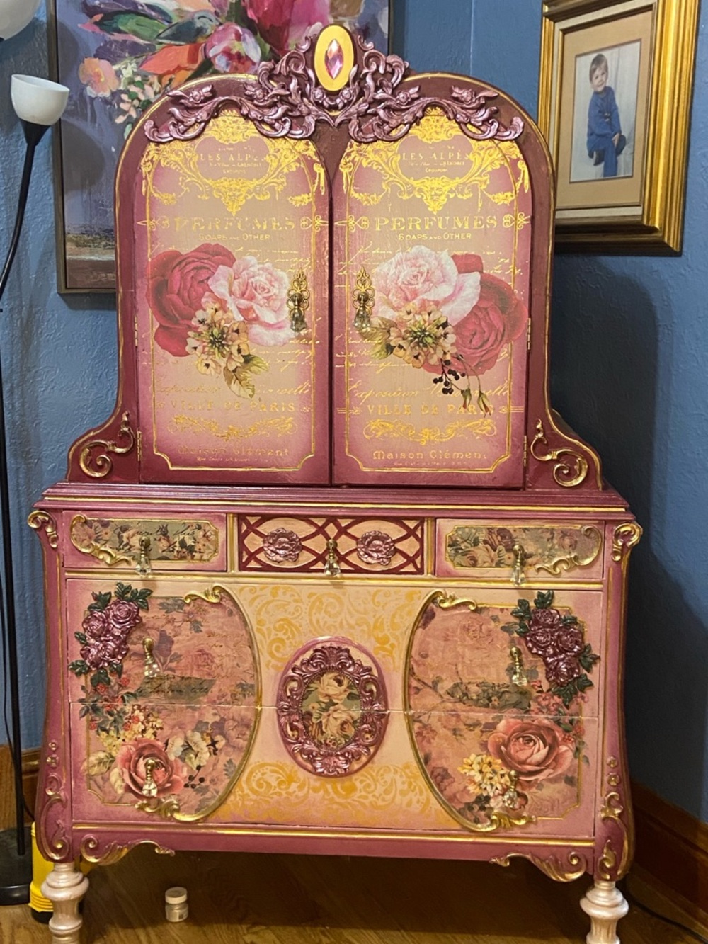 Hand-Painted Floral Pink & Gold Cabinet